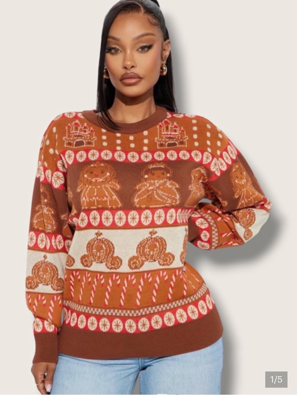 Disney Brown & Cream Holiday Fair Isle Crewneck Sweater